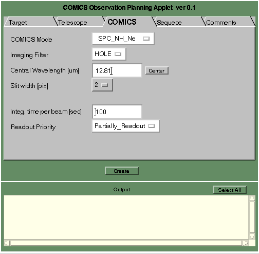 COMICS observation planning JAVA applet