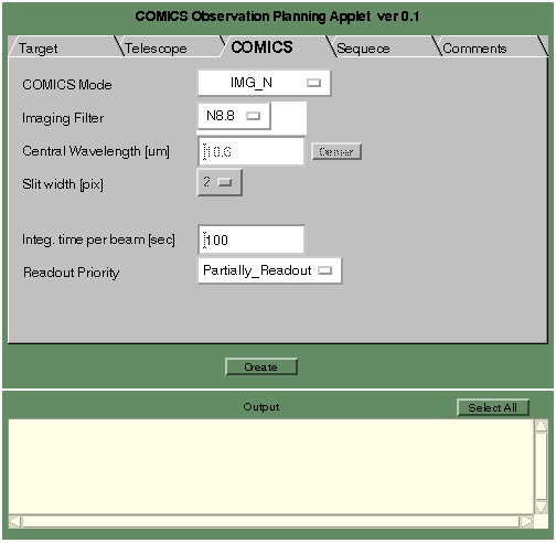 COMICS observation planning JAVA applet